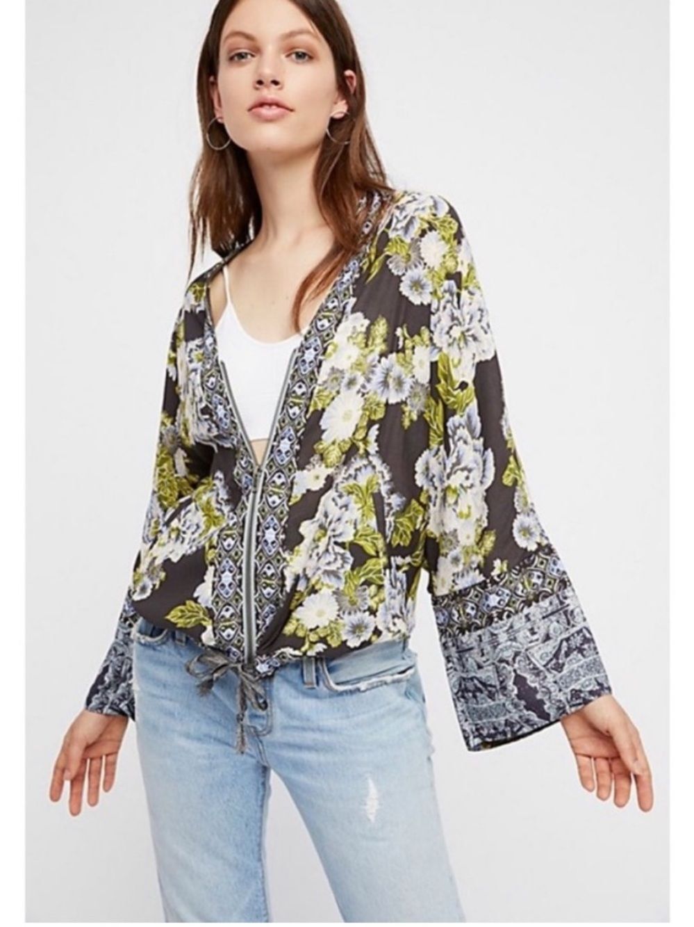 NWT Free People Women’s M/L Wildflower Cinched Zip Kimono Jacket Top Gray Floral